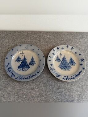 Rowe Pottery Works Blue Salt Glaze Clay Merry Christmas Salad Plates 8.75" Trees
